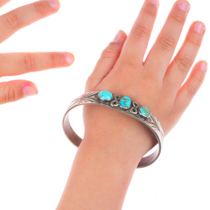 6.6" c1920's Antique Navajo ingot silver 3 stone turquoise stamped cuff bracelet