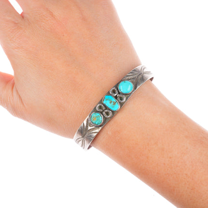 6.6" c1920's Antique Navajo ingot silver 3 stone turquoise stamped cuff bracelet