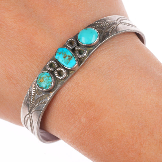 6.6" c1920's Antique Navajo ingot silver 3 stone turquoise stamped cuff bracelet