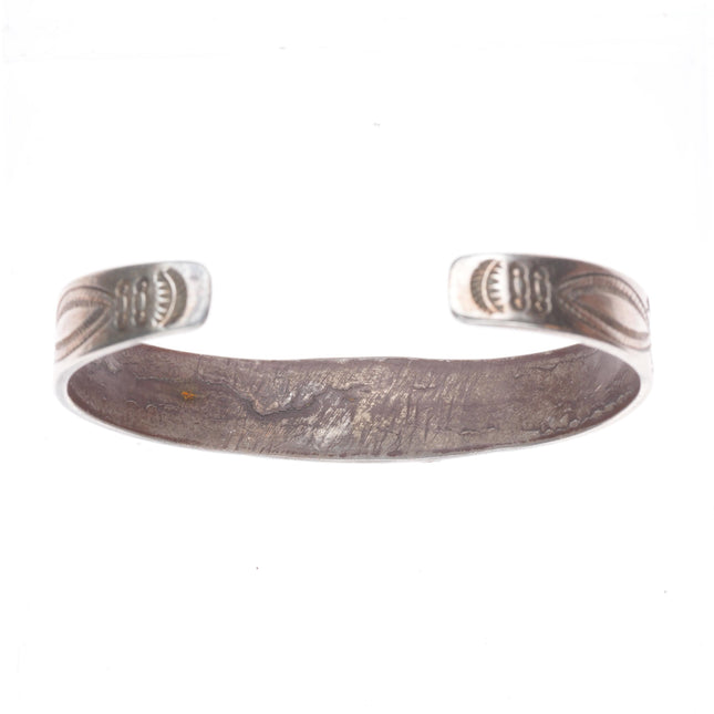 6.6" c1920's Antique Navajo ingot silver 3 stone turquoise stamped cuff bracelet