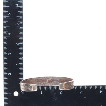 6.6" c1920's Antique Navajo ingot silver 3 stone turquoise stamped cuff bracelet