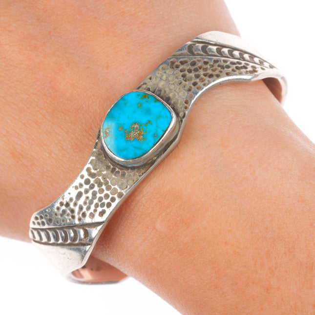 6.6" c1950's Vintage Navajo sterling silver stamped cuff bracelet w/turquoise