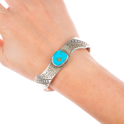 6.6" c1950's Vintage Navajo sterling silver stamped cuff bracelet w/turquoise