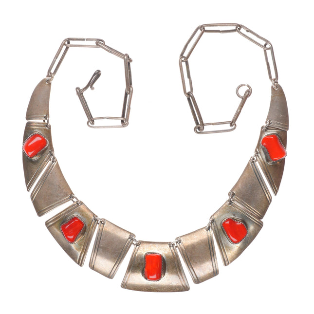 Vintage Max Largo Navajo sterling silver Mediterranean coral bib necklace