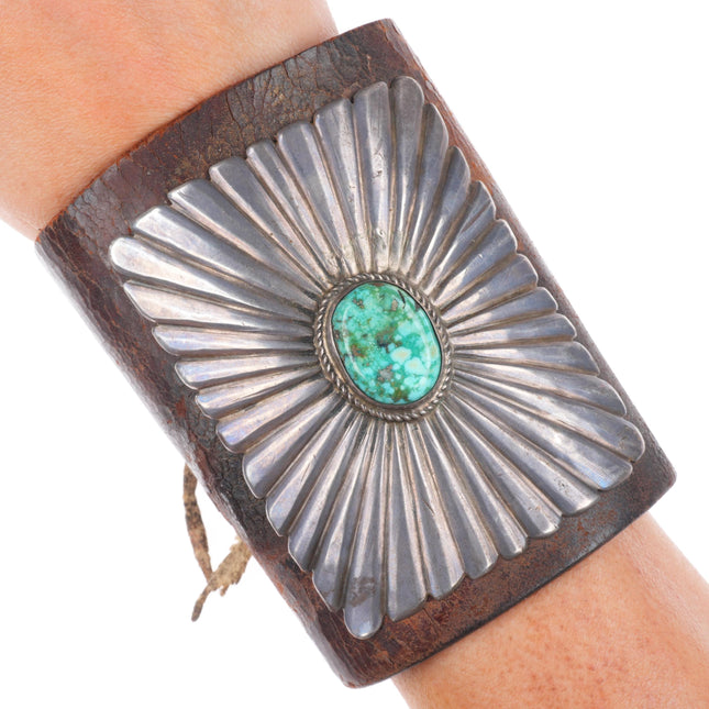 1940's Vintage Navajo chiseled sterling silver Ketoh Bowguard bracelet turquoise