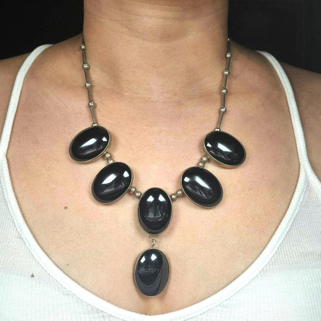 19" Frank Ramone Navajo sterling silver onyx modernist lariat style necklace
