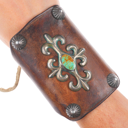40's-50's Vintage Navajo cast sterling silver Ketoh Bowguard bracelet turquoise