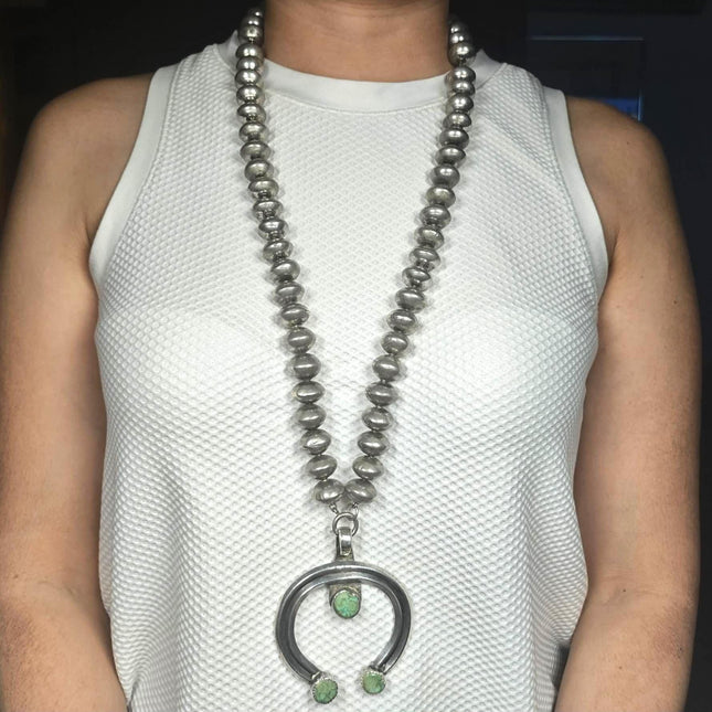 Heavy 32" Early Ingot silver Navajo pearl beaded necklace turquoise Naja pendant