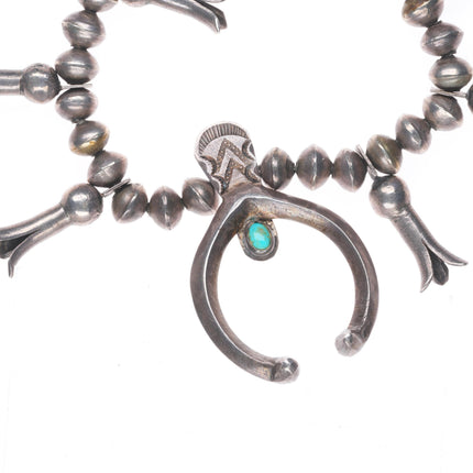 17" small Antique Navajo ingot silver squash blossom necklace turquoise naja