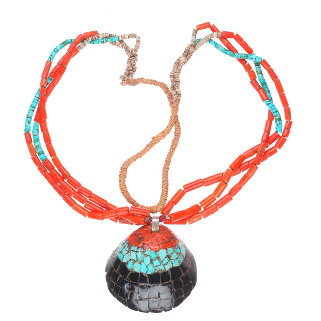 25" c1940's Vintage Santo Domingo coral/turquoise/jet shell heishi necklace