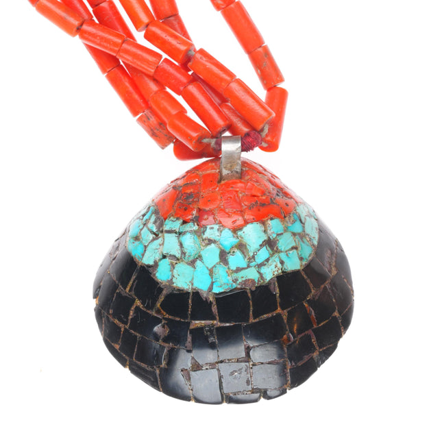25" c1940's Vintage Santo Domingo coral/turquoise/jet shell heishi necklace