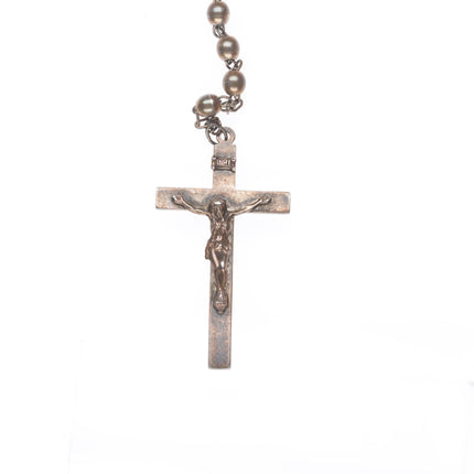 Vintage sterling silver beaded rosary necklace cross