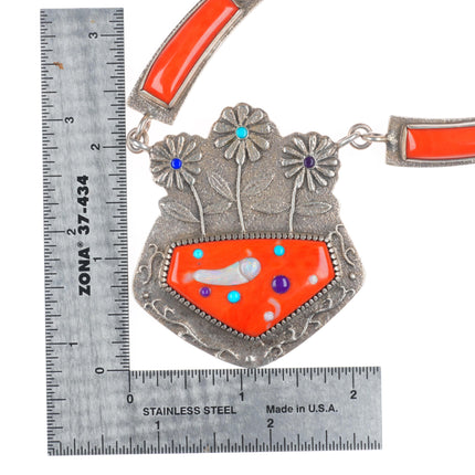 Darryl Dean Begay Navajo Tufa Cast sterling silver-Coral/Opal/turquoise necklace