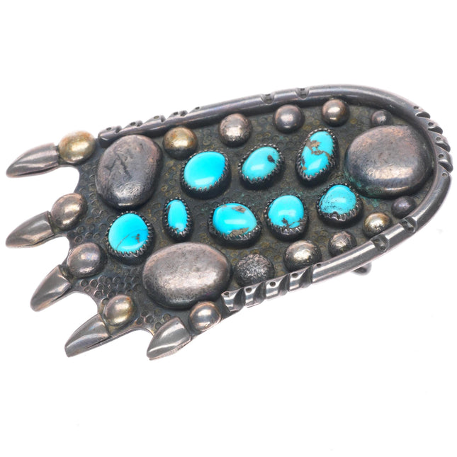 Big Vintage Navajo sterling silver bear paw belt buckle with turquoise