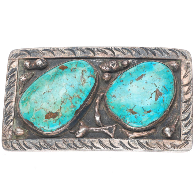 c1960's Vintage Navajo sterling silver 2 stone turquoise belt buckle