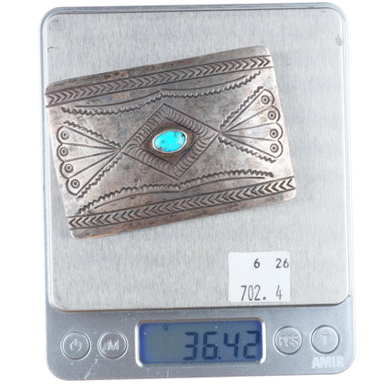 c1960's Vintage Navajo sterling silver hand stamped turquoise belt buckle