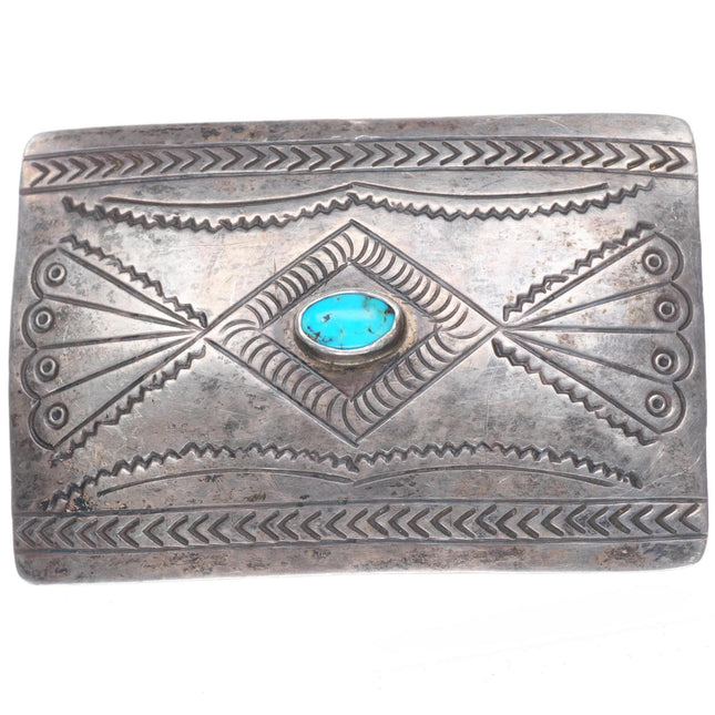 c1960's Vintage Navajo sterling silver hand stamped turquoise belt buckle