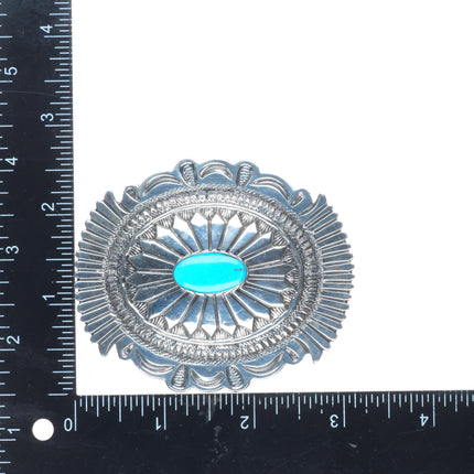 Vintage Navajo sterling silver deep stamped belt buckle with turquoise