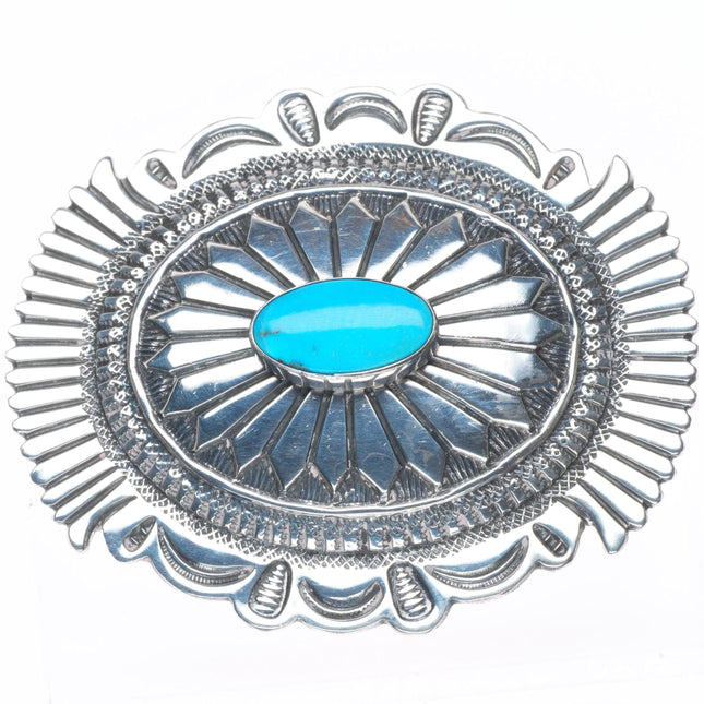 Vintage Navajo sterling silver deep stamped belt buckle with turquoise