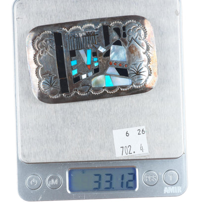 Vintage BB Navajo sterling silver storyteller inlaid belt buckle