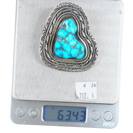 Vintage Navajo high grade turquoise sterling silver belt buckle fancy bezel