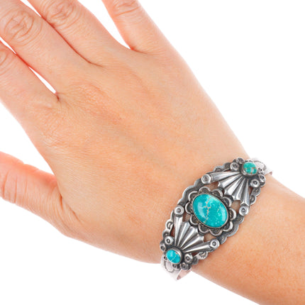 6.75" Fred Harvey Era c1940's  green turquoise sterling silver cuff bracelet