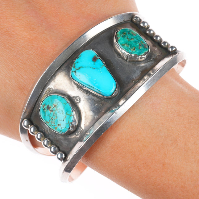 7.1" 50's-60's Vintage Navajo sterling silver turquoise 3 stone cuff bracelet