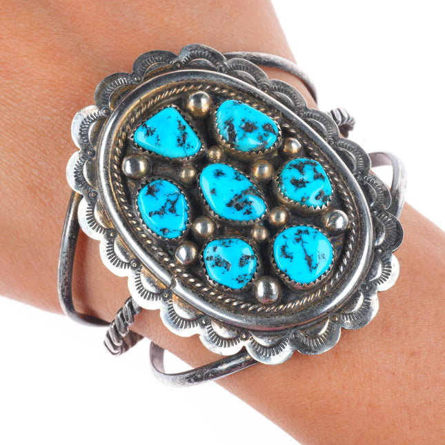 6.25" Tommy Moore Navajo sterling silver Kingman turquoise cluster cuff bracelet