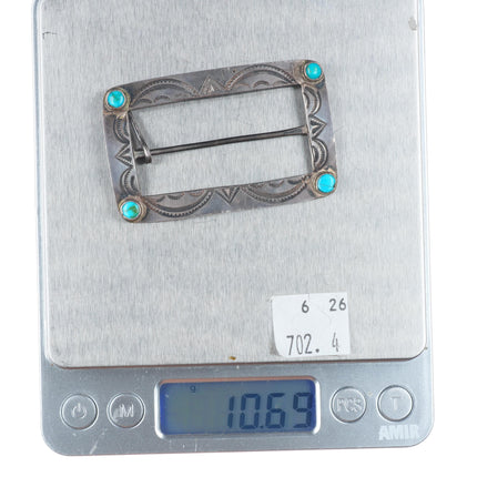 c1940's vintage Navajo hand stamped sterling silver belt buckle with turquoise