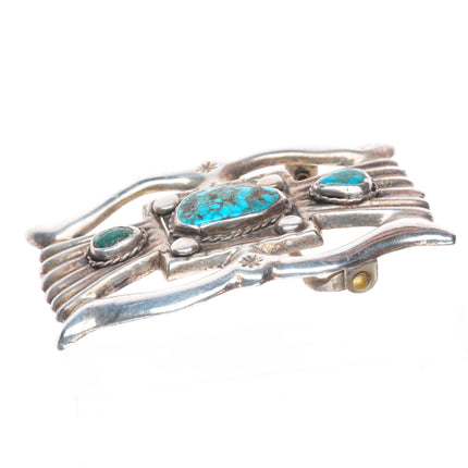 Vintage Navajo sandcast sterling silver belt buckle 3 stone turquoise