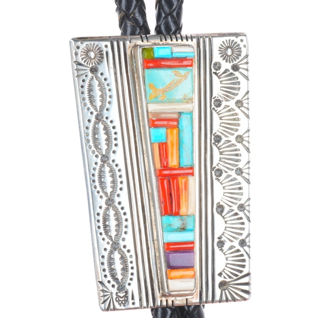 Large David Tune Navajo sterling silver cobblestone inlay bolo tie