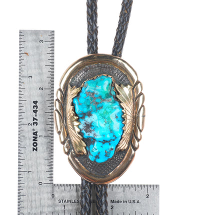 Robert and Bernice Leekya Zuni 14k gold/Sterling silver turquoise bolo tie
