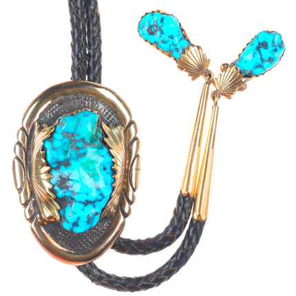 Robert and Bernice Leekya Zuni 14k gold/Sterling silver turquoise bolo tie