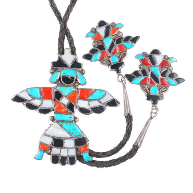 40's-50's Zuni sterling silver channel inlay Knifewing bolo tie fancy tips