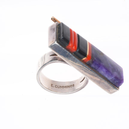sz9.25 Edison Cummings Navajo sterling silver 14k gold sugilite, coral ring