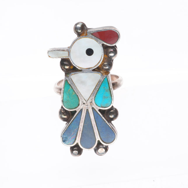 sz5 Vintage Zuni sterling silver peyote bird multi-stone inlay ring