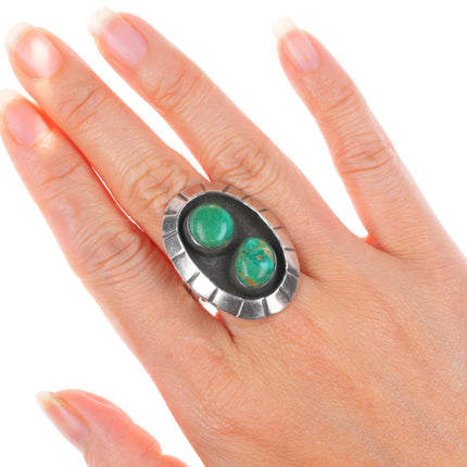 sz8.5 Vintage Mexican modernist sterling silver green turquoise shadowbox ring