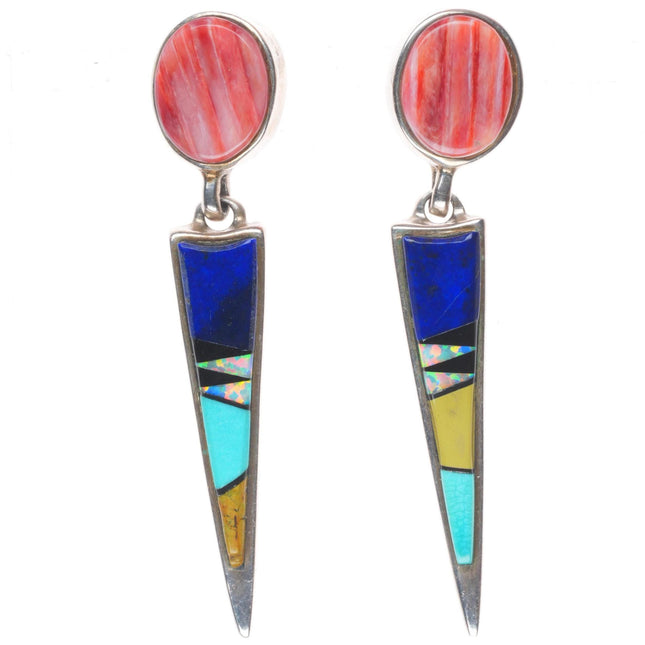 Calvin Begay Navajo sterling silver spiny oyster, lapis, turquoise earrings