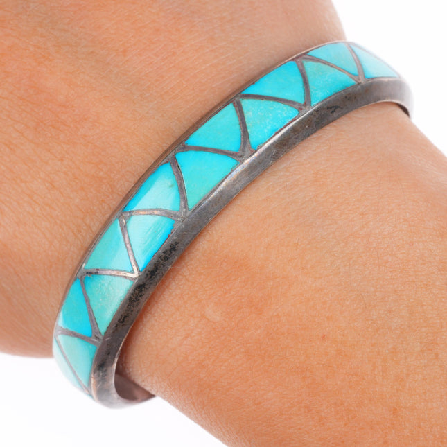 6" vintage Milton Lasiloo Zuni sterling silver turquoise inlay cuff bracelet