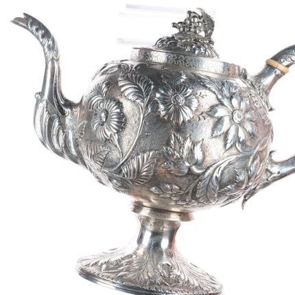 c1850 Antique American Samuel Kirk & Son Coin Silver repousse teapot Sterling