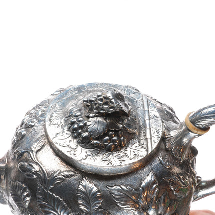 c1850 Antique American Samuel Kirk & Son Coin Silver repousse teapot Sterling