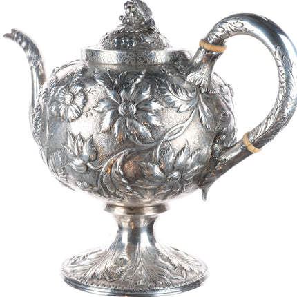 c1850 Antique American Samuel Kirk & Son Coin Silver repousse teapot Sterling