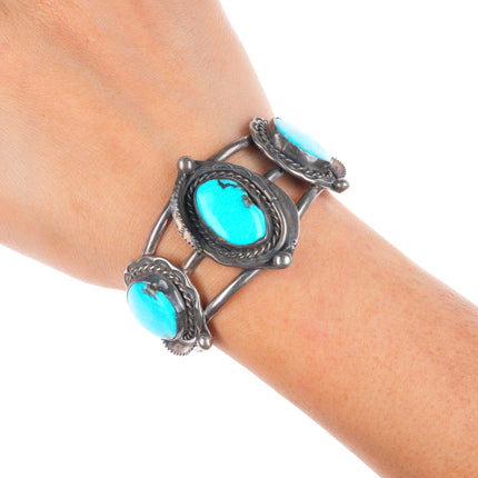 5.75" Vintage Navajo sterling silver 3 stone turquoise cuff bracelet