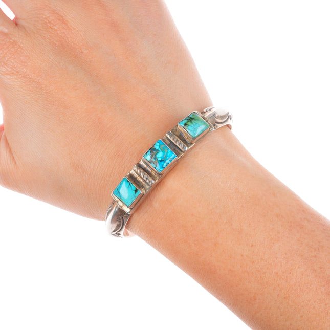 6.25" Vintage Navajo sterling silver turquoise carinated stamped cuff bracelet