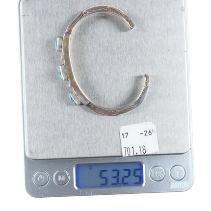 6.25" Vintage Navajo sterling silver turquoise carinated stamped cuff bracelet