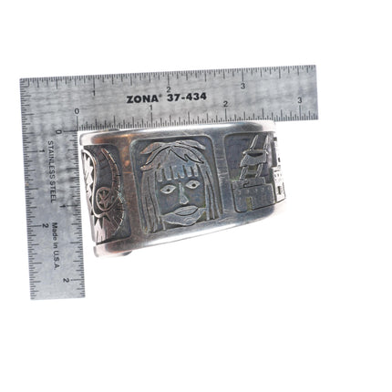 6.5" Bobby Secakuku Hopi overlay Kachina/pueblos cuff bracelet sterling silver