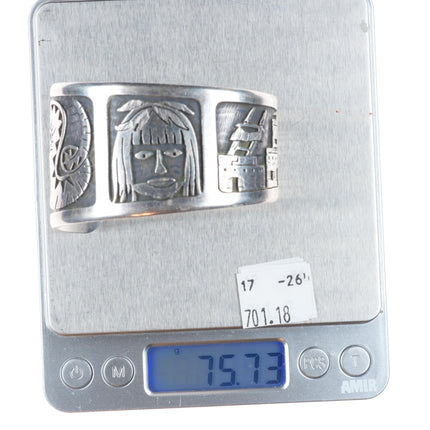 6.5" Bobby Secakuku Hopi overlay Kachina/pueblos cuff bracelet sterling silver