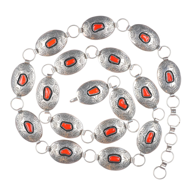 39"Thomas Longfeather Navajo stamped sterling silver coral shadowbox concho belt