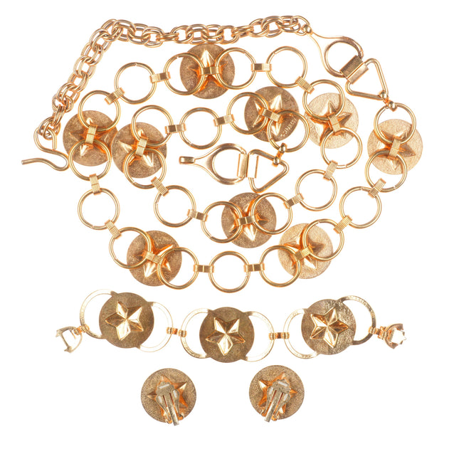 Retro Sarah Coventry gold-tone stars link concho belt, bracelet, earrings, set