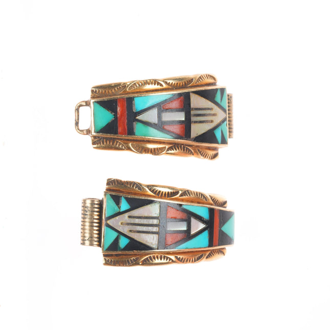 Nelson Walley vintage Zuni inlaid 14k gold ladies watch tips turquoise/coral